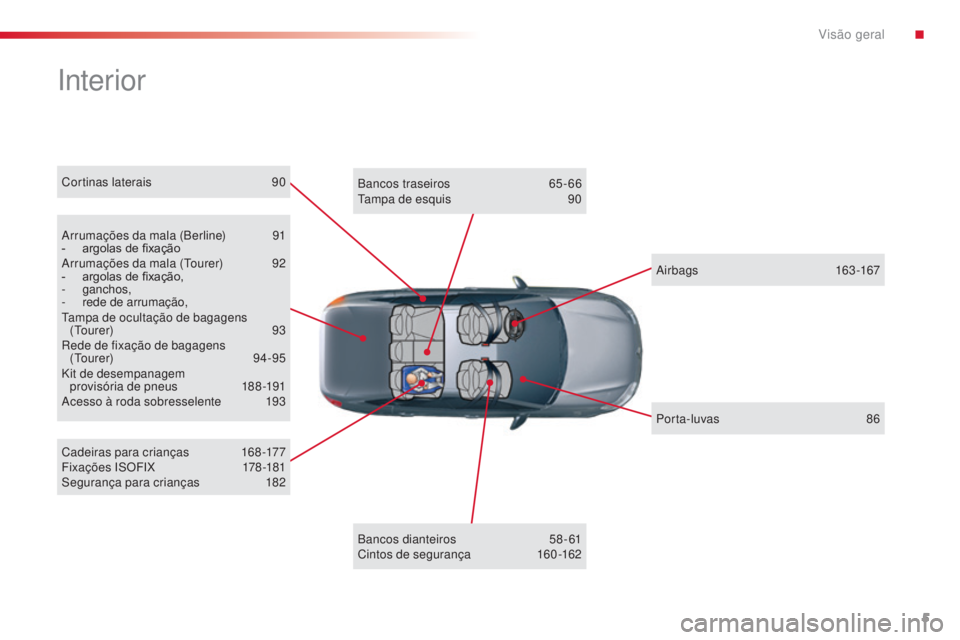 CITROEN C5 2015  Manual do condutor (in Portuguese) 5
C5_pt_Chap00b_vue-ensemble_ed01-2014
interior
arrumações da mala (Berline) 9 1
-  argolas de fixaçãoar

rumações da mala (
to
 urer)  
9
 2
-
 
argolas de fixação,
-

  ganchos,
-
 
rede de 