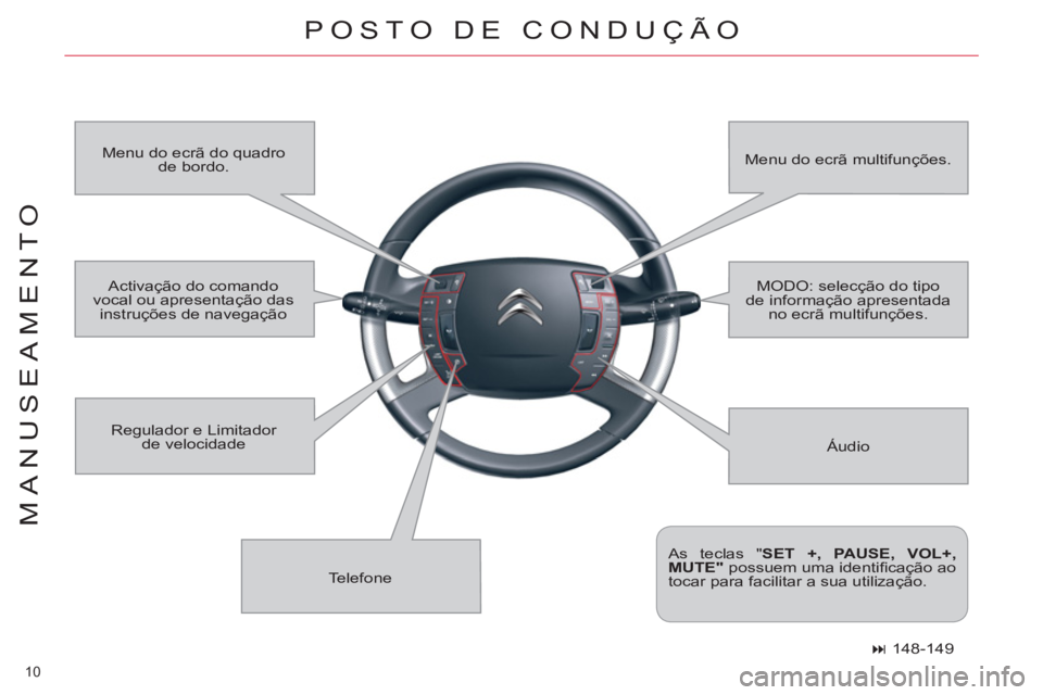 CITROEN C5 2014  Manual do condutor (in Portuguese) 10 
MANUSEAMENTO
POSTO DE CONDUÇÃO
  Áudio    Menu do ecrã do quadro 
de bordo.   Menu do ecrã multifunções.
  Telefone    Regulador e Limitador 
de velocidade 
   
As teclas " SET +, PAUSE, VO