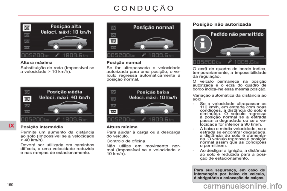 CITROEN C5 2014 Manual do condutor (in Portuguese) IX
160
CONDUÇÃO
Posição não autorizada
O ecrã do quadro de bordo indica,
temporariamente, a impossibilidade
da regulação.
O veículo permanece na posição
autorizada e o ecrã d CITROEN C5 2014 Manual do condutor (in Portuguese) IX
160
CONDUÇÃO
Posição não autorizada
O ecrã do quadro de bordo indica,
temporariamente, a impossibilidade
da regulação.
O veículo permanece na posição
autorizada e o ecrã d