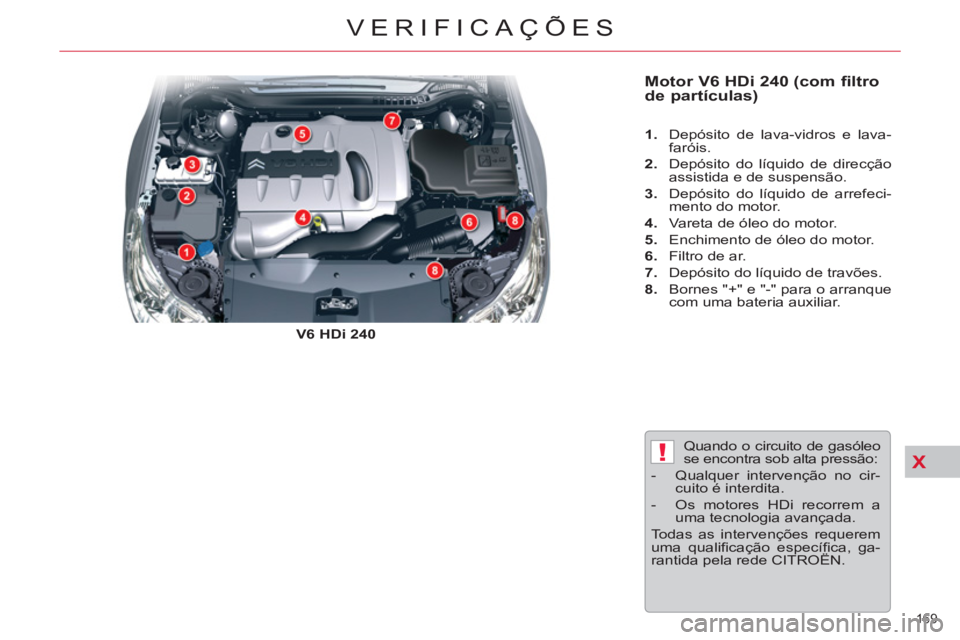 CITROEN C5 2014  Manual do condutor (in Portuguese) X!
169 
VERIFICAÇÕES
   
Motor V6 HDi 240 (com filtro 
de partículas)  
 
 
V6 HDi 240 
    
 
1. 
  Depósito de lava-vidros e lava-
faróis. 
   
2. 
  Depósito do líquido de direcção 
assist
