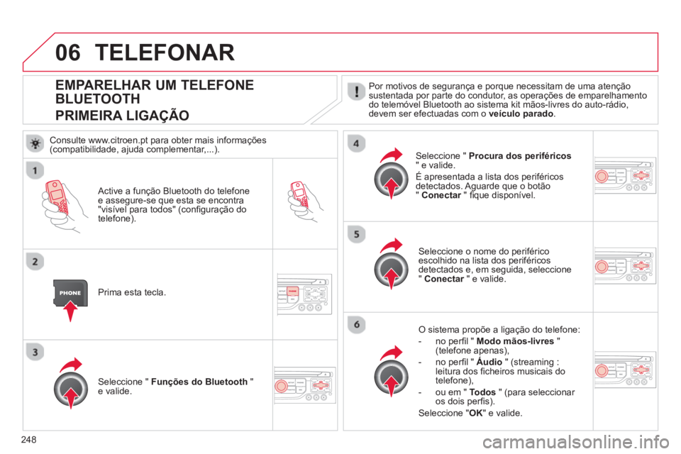 CITROEN C5 2014  Manual do condutor (in Portuguese) 248
06
EMPARELHAR UM TELEFONE 
BLUETOOTH  
PRIMEIRA LIGA
ÇÃO 
 Por motivos de segurança e porque necessitam de uma atençãosustentada por parte do condutor, as operações de emparelhamento
do tel