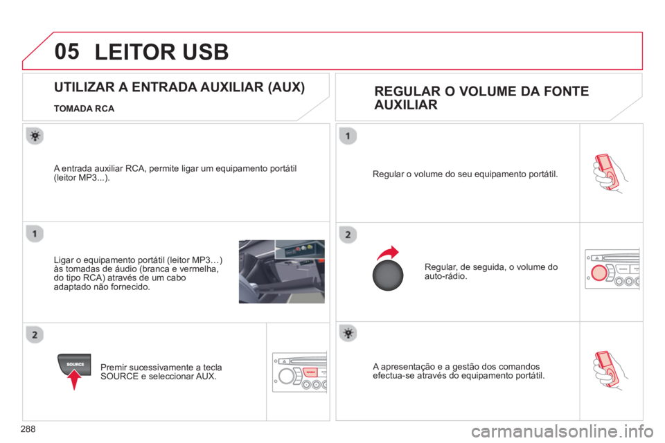 CITROEN C5 2014  Manual do condutor (in Portuguese) 288
05
 A apresentação e a gestão dos comandosefectua-se através do equipamento portátil.   Re
gular o volume do seu equipamento portátil. 
 
Regular, de seguida, o volume do auto-rádio. 
   
 