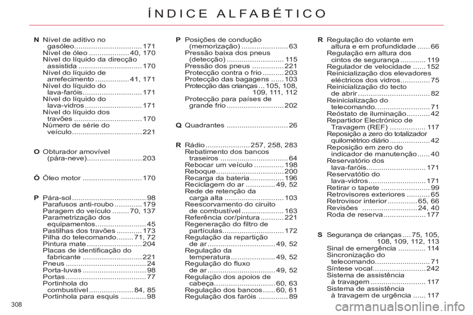 CITROEN C5 2014  Manual do condutor (in Portuguese) 308 
ÍNDICE ALFABÉTICO
N Nível de aditivo no 
gasóleo ................................ 171
  Nível de óleo ................... 40, 170
  Nível do líquido da direcção 
assistida .............