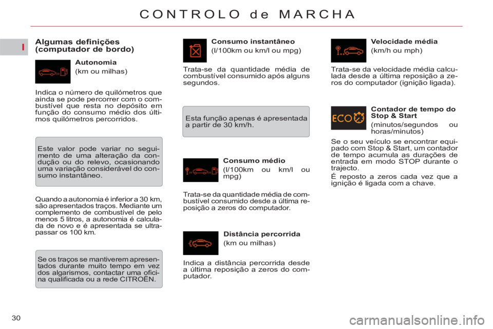 CITROEN C5 2014  Manual do condutor (in Portuguese) I
30
CONTROLO de MARCHA
   
 
 
 
 
 
Algumas definições 
(computador de bordo) 
   
Autonomia 
  (km ou milhas)    
Consumo instantâneo 
  (l/100km ou km/l ou mpg) 
   
Consumo médio 
  (l/100km 