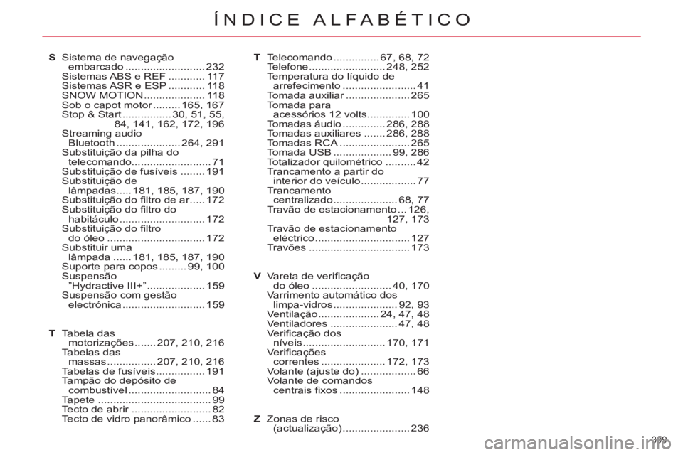 CITROEN C5 2014 Manual do condutor (in Portuguese) 309
ÍNDICE ALFABÉTICO
S Sistema de navegação
embarcado .......................... 232
Sistemas ABS e REF ............ 117
Sistemas ASR e ESP ............ 118
SNOW MOTION ................... CITROEN C5 2014 Manual do condutor (in Portuguese) 309
ÍNDICE ALFABÉTICO
S Sistema de navegação
embarcado .......................... 232
Sistemas ABS e REF ............ 117
Sistemas ASR e ESP ............ 118
SNOW MOTION ...................
