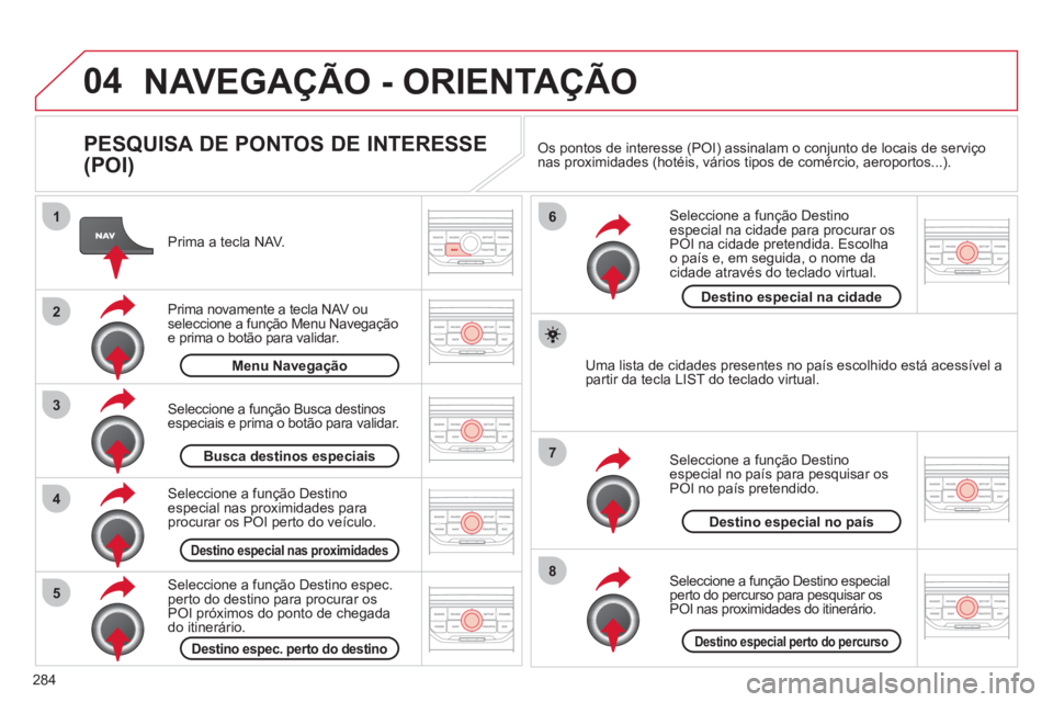 CITROEN C5 2012  Manual do condutor (in Portuguese) 284
04
8
6
7
4
3
5
2
1
  NAVEGAÇÃO - ORIENTAÇÃO 
 
 
PESQUISA DE PONTOS DE INTERESSE 
(POI) 
   
Prima a tecla NAV.  
   
Prima novamente a tecla NAV ou 
seleccione a função  Menu Navegação  
