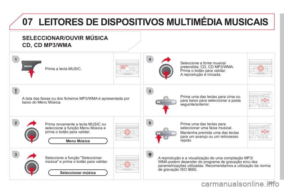 CITROEN C5 2012 Manual do condutor (in Portuguese) 291
07
3 2 1
6
4
5
SELECCIONAR/OUVIR MÚSICA
CD, CD MP3/WMA
A reprodução e a visualização de uma compilação MP3/
WMA podem depender do programa de gravação e/o CITROEN C5 2012 Manual do condutor (in Portuguese) 291
07
3 2 1
6
4
5
SELECCIONAR/OUVIR MÚSICA
CD, CD MP3/WMA
A reprodução e a visualização de uma compilação MP3/
WMA podem depender do programa de gravação e/o