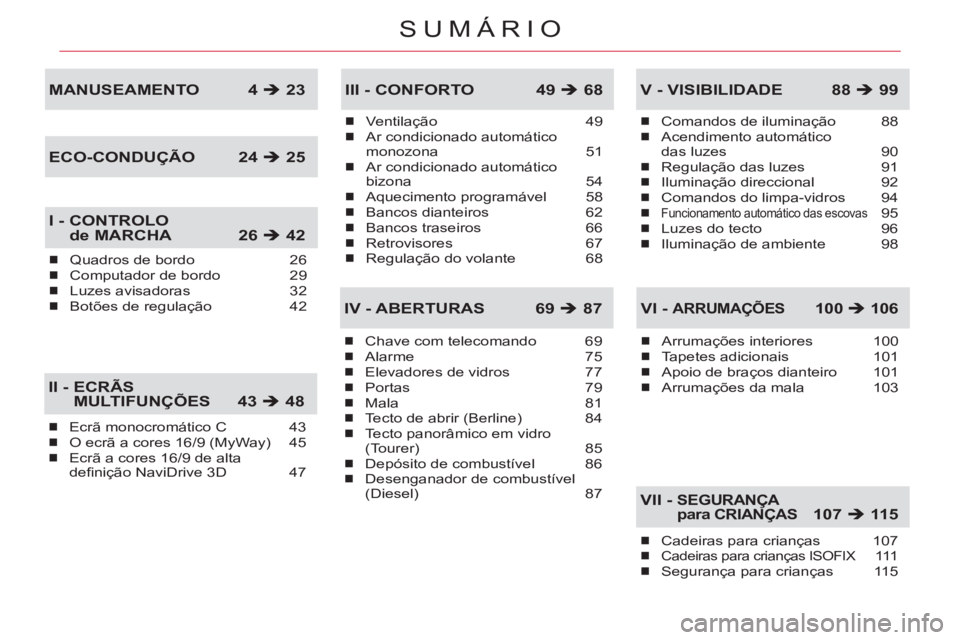 CITROEN C5 2012  Manual do condutor (in Portuguese) SUMÁRIO
Ecrã monocromático C  43
O ecrã a cores 16/9 (MyWay)  45
Ecrã a cores 16/9 de alta
deﬁ nição NaviDrive 3D  47�„
�„
�„
II -  ECRÃS
MULTIFUNÇÕES 43 �Î 48
Ventilação 49
Ar co