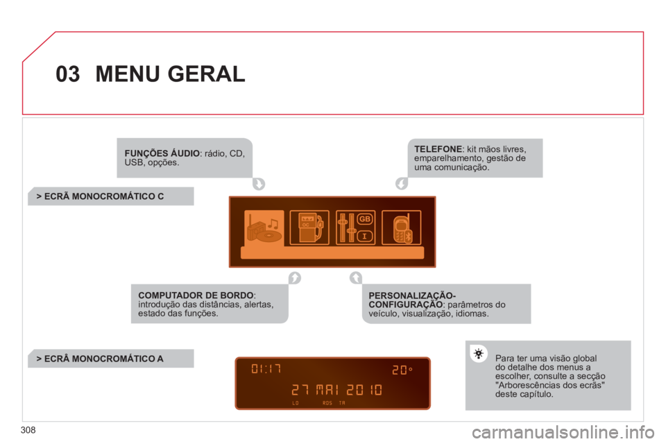 CITROEN C5 2012  Manual do condutor (in Portuguese) 308
03  MENU GERAL 
 
 
 
FUNÇÕES ÁUDIO 
: rádio, CD, 
USB, opções.  
   
 
COMPUTADOR DE BORDO 
: 
introdução das distâncias, alertas, 
estado das funções.     
 
TELEFONE 
: kit mãos liv