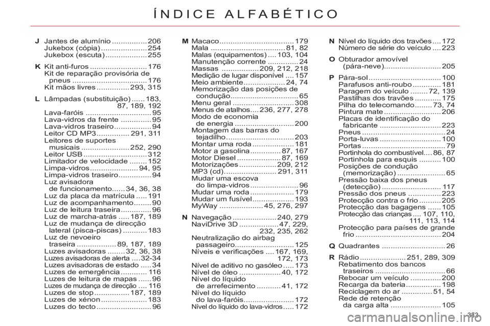 CITROEN C5 2012  Manual do condutor (in Portuguese) 333 
ÍNDICE ALFABÉTICO
J  Jantes de alumínio ................ 206
 Jukebox (cópia) ..................... 254
 Jukebox (escuta) ................... 255
K Kit anti-furos .......................... 1