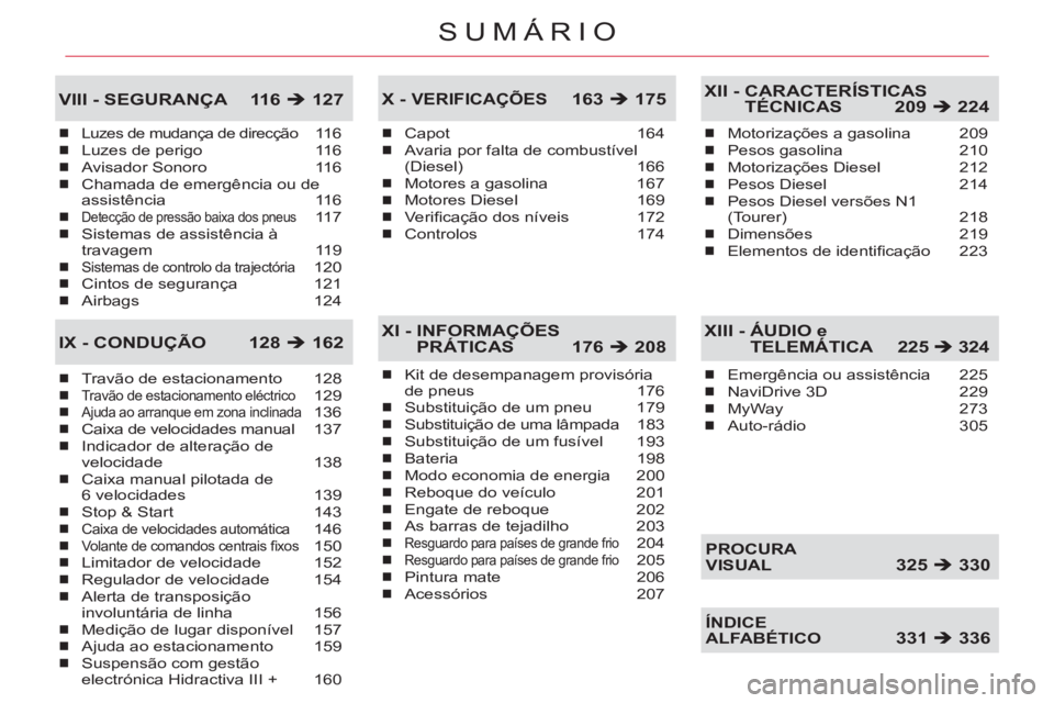 CITROEN C5 2012  Manual do condutor (in Portuguese) SUMÁRIO
Luzes de mudança de direcção 11 6
Luzes de perigo  116
Avisador Sonoro  116
Chamada de emergência ou de 
assistência 116
Detecção de pressão baixa dos pneus 11 7
Sistemas de assistên