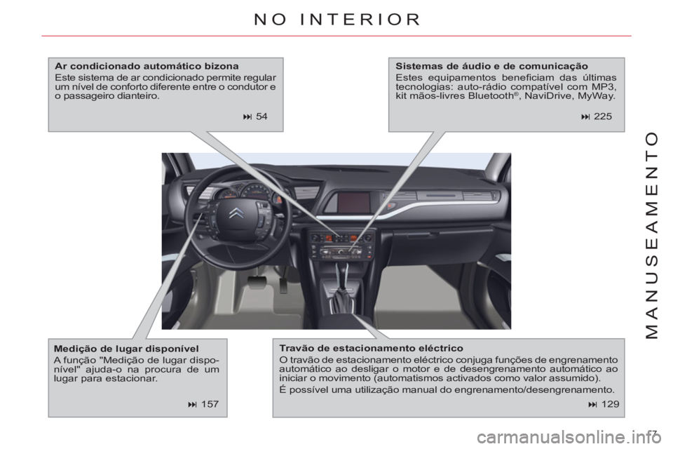 CITROEN C5 2012  Manual do condutor (in Portuguese) 7 
MANUSEAMENTO
   
 
� 
 129  
 
NO INTERIOR 
 
 
Travão de estacionamento eléctrico 
 
  O travão de estacionamento eléctrico conjuga funções de engrenamento 
automático ao desligar o motor 