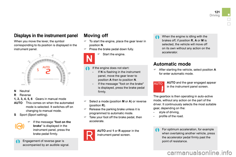 Citroen DS5 RHD 2014 1.G Owners Guide 121Driving
Engagement of reverse gear is
accompanied by an audible signal.
If the engine does not start:
- If N
is flashing in the instrument
panel, move the gear lever to
pos Citroen DS5 RHD 2014 1.G Owners Guide 121Driving
Engagement of reverse gear is
accompanied by an audible signal.
If the engine does not start:
- If N
is flashing in the instrument
panel, move the gear lever to
pos