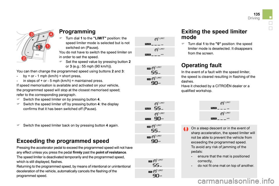 Citroen DS5 RHD 2014 1.G Owners Guide 135Driving
Programming
Turn dial 1
to the "LIMIT"
position: the
speed limiter mode is selected but is not
switched on (Pause).
You do not have to switch the speed limiter Citroen DS5 RHD 2014 1.G Owners Guide 135Driving
Programming
Turn dial 1
to the "LIMIT"
position: the
speed limiter mode is selected but is not
switched on (Pause).
You do not have to switch the speed limiter