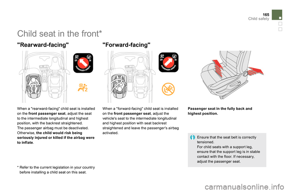 Citroen DS5 RHD 2014 1.G Owners Manual 165Child safety
Child seat in the front *
"Rearward-facing"
"Forward-facing"
Ensure that the seat belt is correctly
tensioned.
For child seats with a suppor t leg, Citroen DS5 RHD 2014 1.G Owners Manual 165Child safety
Child seat in the front *
"Rearward-facing"
"Forward-facing"
Ensure that the seat belt is correctly
tensioned.
For child seats with a suppor t leg,