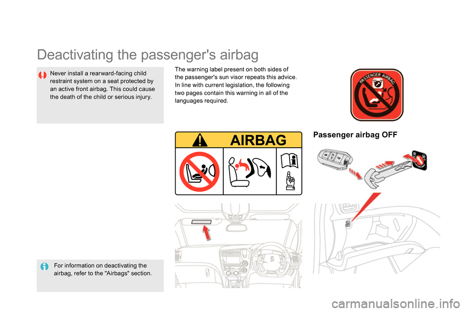 Citroen DS5 RHD 2014 1.G Owners Manual Deactivating the passengers airbag
For information on deactivating the
airbag, refer to the "Airbags" section.
Passenger airbag OFF
Never install a rear ward-facing child
rest Citroen DS5 RHD 2014 1.G Owners Manual Deactivating the passengers airbag
For information on deactivating the
airbag, refer to the "Airbags" section.
Passenger airbag OFF
Never install a rear ward-facing child
rest