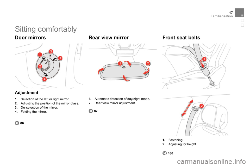 Citroen DS5 RHD 2014 1.G Owners Manual 8687
186
17Familiarisation
  Sitting comfortably 
 
 
Door mirrors 
 
 
Adjustment 
 
 
 
1. 
  Selection of the left or right mirror. 
   
2. 
  Adjusting the position of the mirror glass. 
   
3. 
 