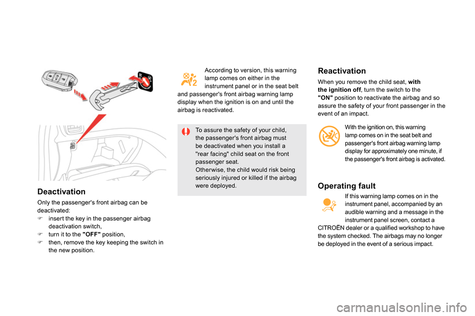 Citroen DS5 RHD 2014 1.G Owners Manual    
Deactivation 
 
Only the passengers front airbag can be 
deactivated: 
   
 
 
  insert the key in the passenger airbag 
deactivation switch, 
   
 
  turn it to the  "OFF" 
 position, 
   