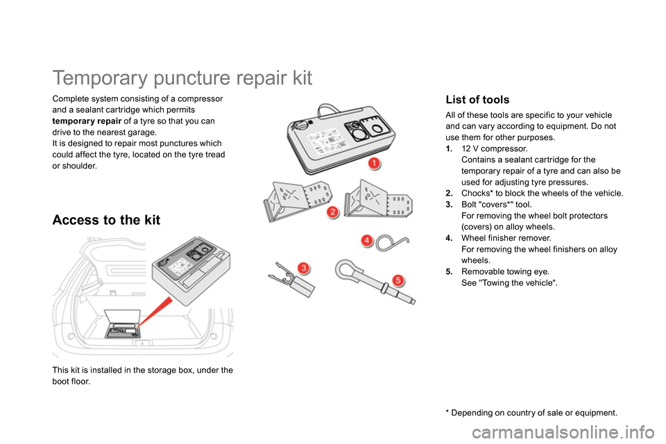 Citroen DS5 RHD 2014 1.G Owners Manual   This kit is installed in the storage box, under the 
boot floor.      
Complete system consisting of a compressor 
and a sealant cartridge which permits 
  temporary repair 
 of a tyre so that you c