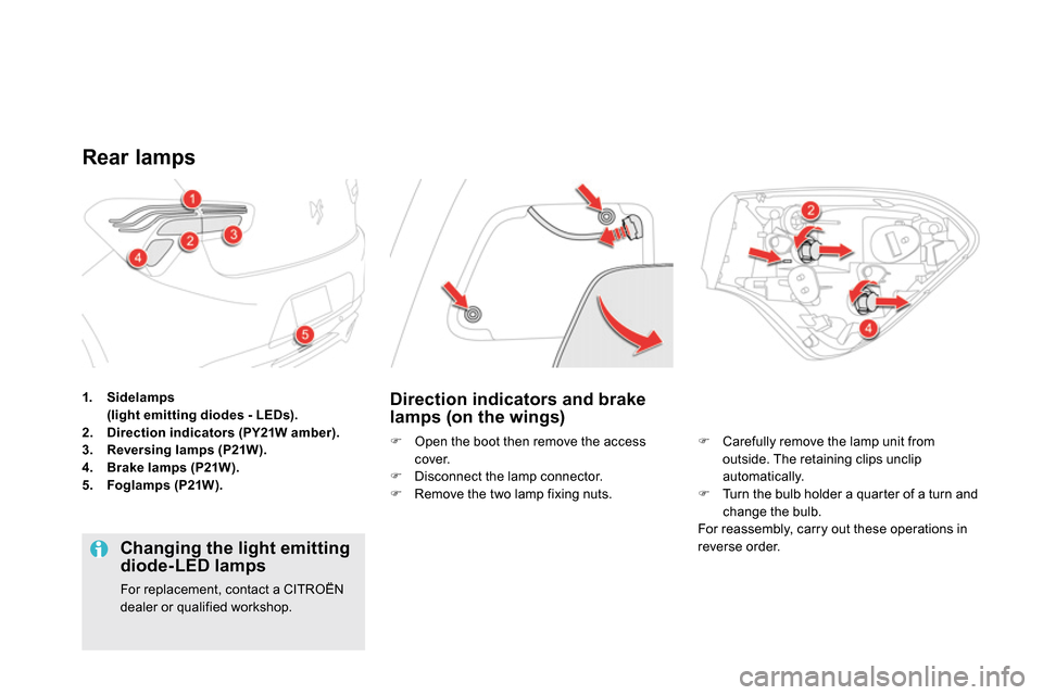 Citroen DS5 RHD 2014 1.G Owners Manual
1. Sidelamps
(light emitting diodes - LEDs).
2. Direction indicators (PY21W amber).
3. Reversing lamps (P21W).
4. Brake lamps (P21W).
5. Foglamps (P21W). Citroen DS5 RHD 2014 1.G Owners Manual
1. Sidelamps
(light emitting diodes - LEDs).
2. Direction indicators (PY21W amber).
3. Reversing lamps (P21W).
4. Brake lamps (P21W).
5. Foglamps (P21W).