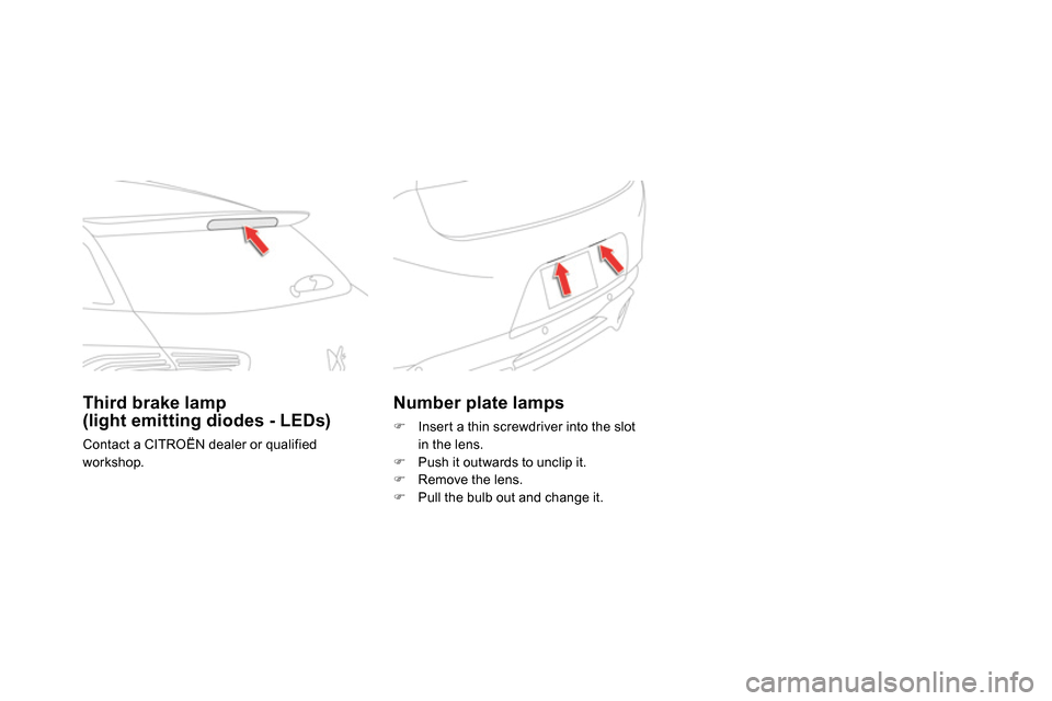 Citroen DS5 RHD 2014 1.G Owners Manual
Number plate lamps
Insert a thin screwdriver into the slot
in the lens.
Push it outwards to unclip it.
Remove the lens.
Citroen DS5 RHD 2014 1.G Owners Manual
Number plate lamps
Insert a thin screwdriver into the slot
in the lens.
Push it outwards to unclip it.
Remove the lens.