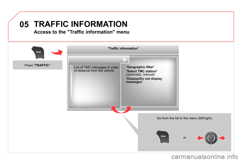 Citroen DS5 RHD 2014 1.G Repair Manual 05 TRAFFIC INFORMATION
Access to the "Traffic information" menu
List of TMC messages in order
of distance from the vehicle.
Go from the list to the menu (left/right).
" Traffi Citroen DS5 RHD 2014 1.G Repair Manual 05 TRAFFIC INFORMATION
Access to the "Traffic information" menu
List of TMC messages in order
of distance from the vehicle.
Go from the list to the menu (left/right).
" Traffi