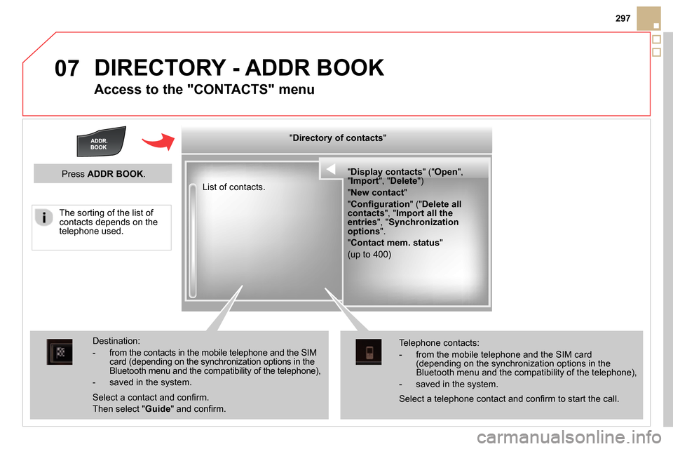 Citroen DS5 RHD 2014 1.G Manual PDF 07
297
DIRECTORY - ADDR BOOK
Access to the "CONTACTS" menu
" Display contacts
" (" Open
",
" Import
", " Delete
")
" New contact
"
" Confi guration
" (" Delete all
contacts Citroen DS5 RHD 2014 1.G Manual PDF 07
297
DIRECTORY - ADDR BOOK
Access to the "CONTACTS" menu
" Display contacts
" (" Open
",
" Import
", " Delete
")
" New contact
"
" Confi guration
" (" Delete all
contacts