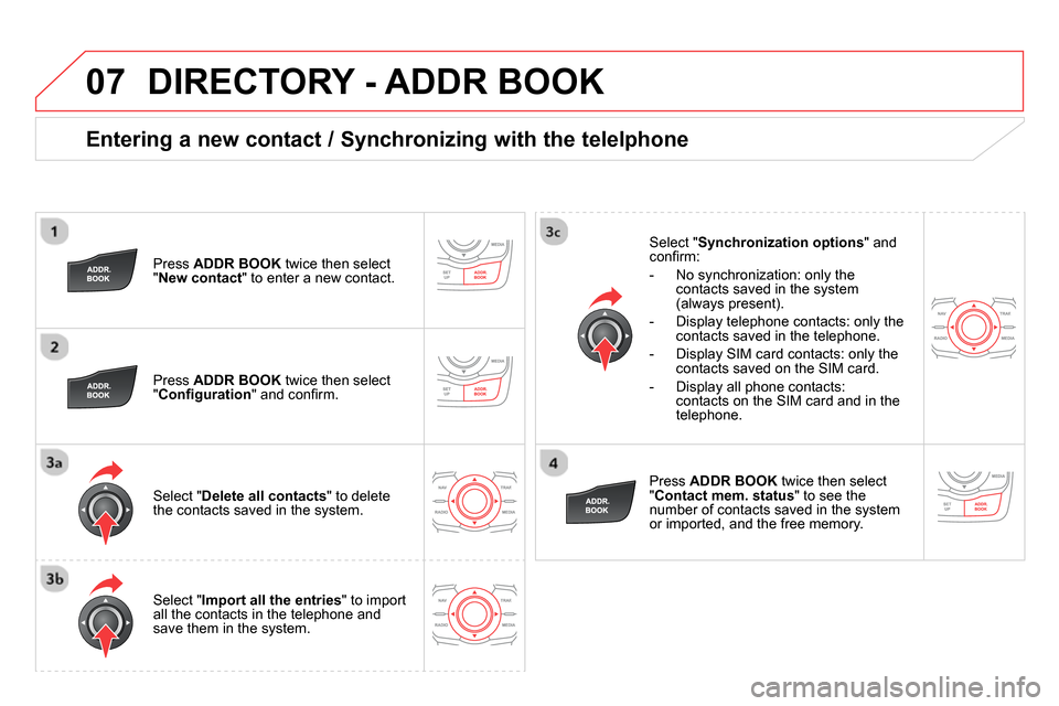 Citroen DS5 RHD 2014 1.G Manual PDF 07
Entering a new contact / Synchronizing with the telelphone
Press ADDR BOOK
twice then select
" New contact
" to enter a new contact.
Press ADDR BOOK
twice then select
" Con Citroen DS5 RHD 2014 1.G Manual PDF 07
Entering a new contact / Synchronizing with the telelphone
Press ADDR BOOK
twice then select
" New contact
" to enter a new contact.
Press ADDR BOOK
twice then select
" Con