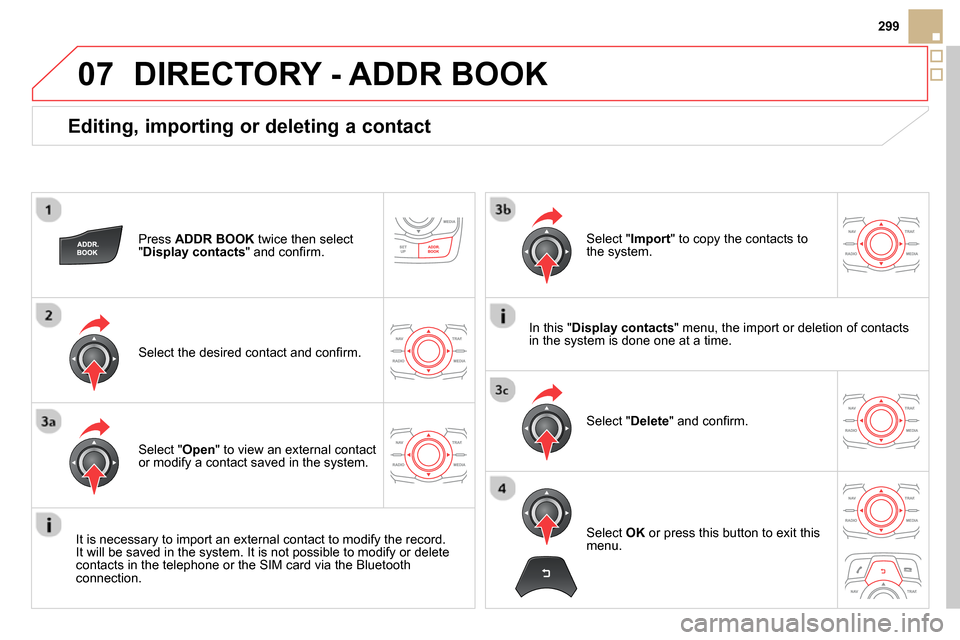 Citroen DS5 RHD 2014 1.G Manual PDF 07
299
Editing, importing or deleting a contact
Press ADDR BOOK
twice then select
" Display contacts
" and confi rm.
Select the desired contact and confi rm.
Select " Import Citroen DS5 RHD 2014 1.G Manual PDF 07
299
Editing, importing or deleting a contact
Press ADDR BOOK
twice then select
" Display contacts
" and confi rm.
Select the desired contact and confi rm.
Select " Import