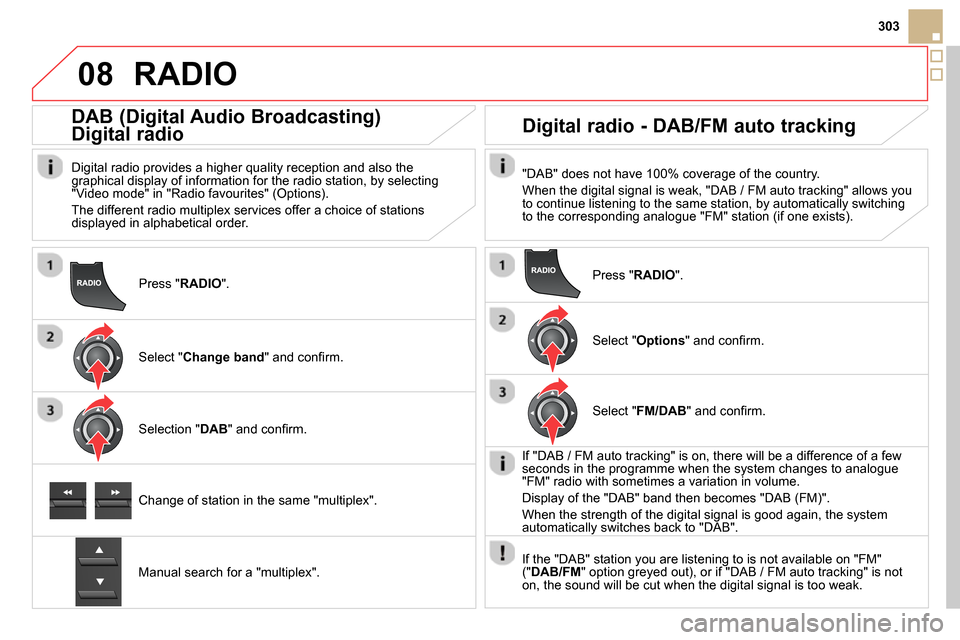 Citroen DS5 RHD 2014 1.G Manual PDF 08
303
Press " RADIO
".
DAB (Digital Audio Broadcasting)
Digital radio
Digital radio provides a higher quality reception and also the
graphical display of information for t Citroen DS5 RHD 2014 1.G Manual PDF 08
303
Press " RADIO
".
DAB (Digital Audio Broadcasting)
Digital radio
Digital radio provides a higher quality reception and also the
graphical display of information for t