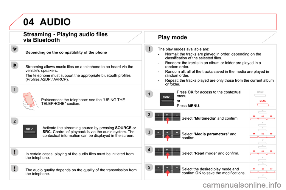 Citroen DS5 RHD 2014 1.G Owners Manual 04 AUDIO
Streaming - Playing audio files
via Bluetooth
Depending on the compatibility of the phone
Pair/connect the telephone: see the "USING THE
TELEPHONE" section. Citroen DS5 RHD 2014 1.G Owners Manual 04 AUDIO
Streaming - Playing audio files
via Bluetooth
Depending on the compatibility of the phone
Pair/connect the telephone: see the "USING THE
TELEPHONE" section.
