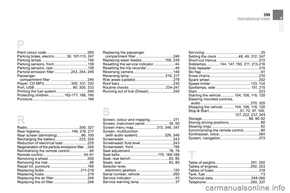 Citroen DS5 RHD 2014 1.G User Guide 359Alphabetical index
Radio ...................................................300,  327
Rear foglamp............................... 146, 216, 217
Rear screen (demisting) ........................86, 1