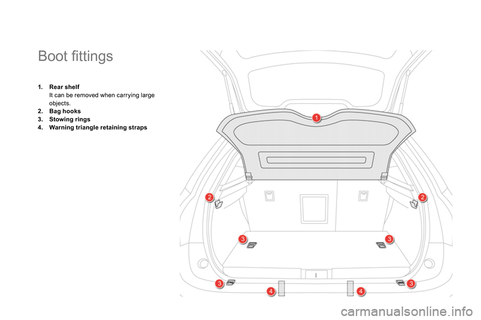 Citroen DS5 RHD 2014 1.G User Guide    
 
 
 
 
 
 
 
 
 
 
 
 
Boot ﬁ ttings 
 
 
 
 
1. 
  Rear shelf 
   
  It can be removed when carrying large 
objects. 
   
2. 
  Bag hooks 
 
   
3. 
  Stowing rings 
 
   
4. 
  Warning triang