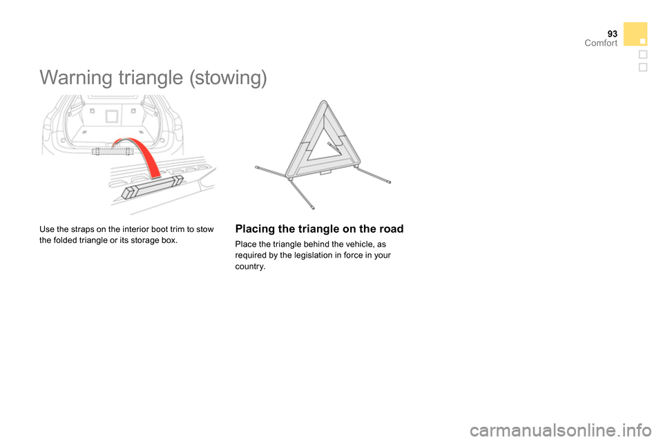 Citroen DS5 RHD 2014 1.G User Guide 93Comfort
   
 
 
 
 
 
 
 
 
 
 
Warning triangle (stowing) 
 
 
Use the straps on the interior boot trim to stow 
the folded triangle or its storage box.    
Placing the triangle on the road 
 
Plac