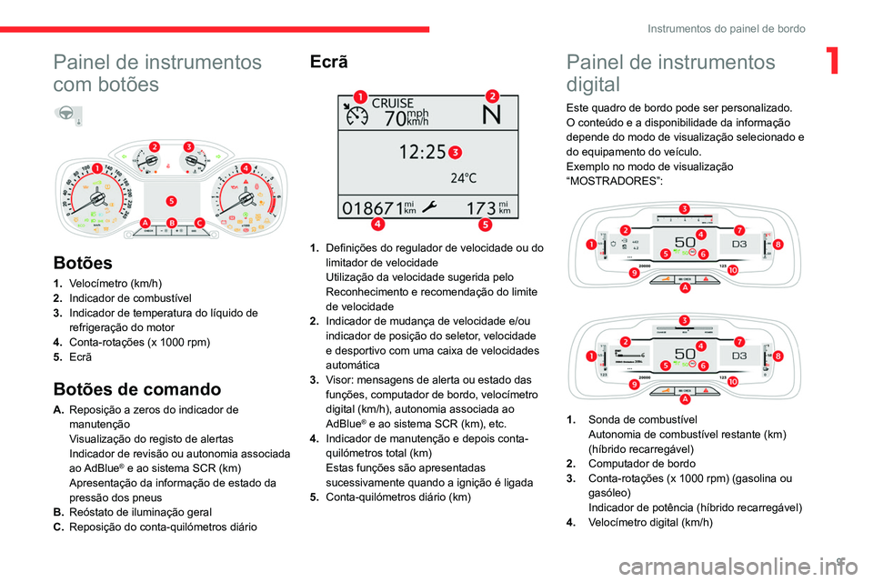 CITROEN C5 AIRCROSS 2022 Manual do condutor (in Portuguese) 9
Instrumentos do painel de bordo
1Painel de instrumentos
com botões
Botões
1. Velocímetro (km/h)
2. Indicador de combustível
3. Indicador de temperatura do líquido de
refrigeração do CITROEN C5 AIRCROSS 2022 Manual do condutor (in Portuguese) 9
Instrumentos do painel de bordo
1Painel de instrumentos
com botões
Botões
1. Velocímetro (km/h)
2. Indicador de combustível
3. Indicador de temperatura do líquido de
refrigeração do