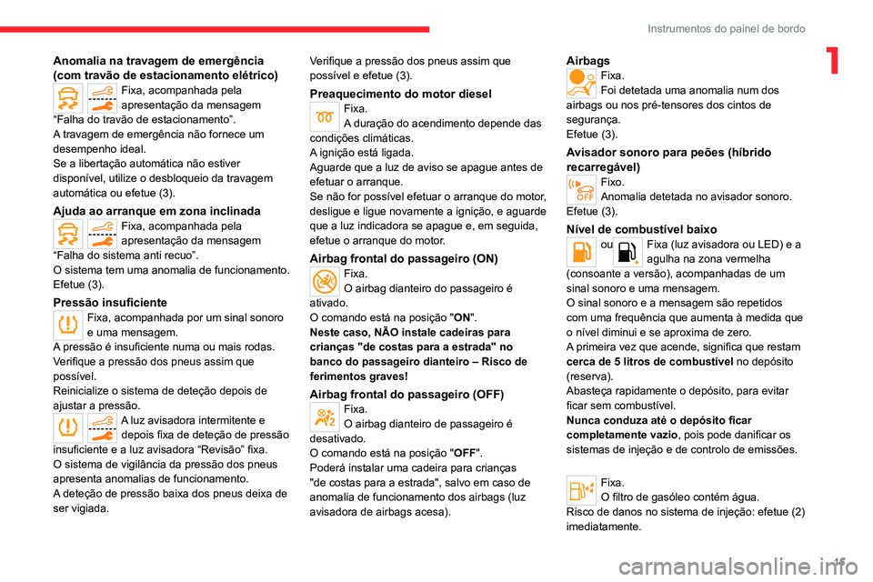 CITROEN C5 AIRCROSS 2022  Manual do condutor (in Portuguese) 15
Instrumentos do painel de bordo
1Anomalia na travagem de emergência 
(com travão de estacionamento elétrico)
Fixa, acompanhada pela 
apresentação da mensagem 
“Falha do travão de estacionam