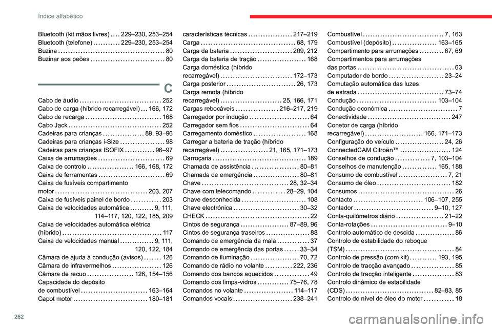 CITROEN C5 AIRCROSS 2022  Manual do condutor (in Portuguese) 262
Índice alfabético
Bluetooth (kit mãos livres)     229–230, 253–254
Bluetooth (telefone)     
229–230, 253–254
Buzina
    
80
Buzinar aos peões
    
80
C
Cabo de áudio     252
Cabo de 
