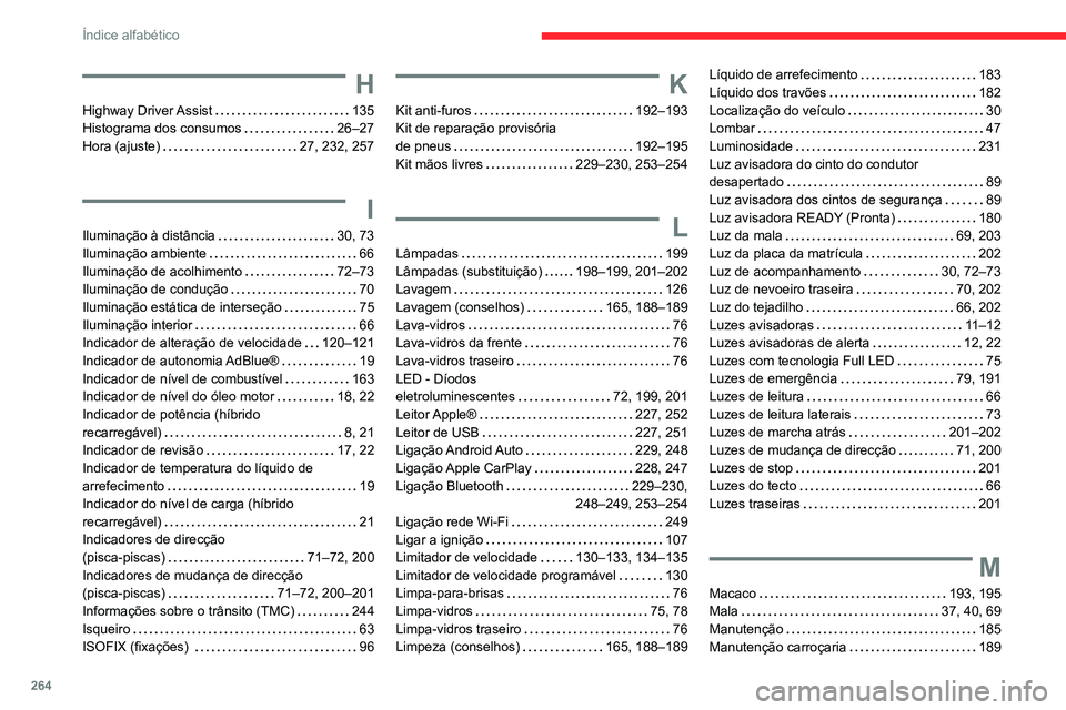 CITROEN C5 AIRCROSS 2022 Manual do condutor (in Portuguese) 264
Índice alfabético
H
Highway Driver Assist 135
Histograma dos consumos
26–27
Hora (ajuste)
27, 232, 257
I
Iluminação à distância 30, 73
Iluminação ambiente
66
Ilum CITROEN C5 AIRCROSS 2022 Manual do condutor (in Portuguese) 264
Índice alfabético
H
Highway Driver Assist 135
Histograma dos consumos
26–27
Hora (ajuste)
27, 232, 257
I
Iluminação à distância 30, 73
Iluminação ambiente
66
Ilum