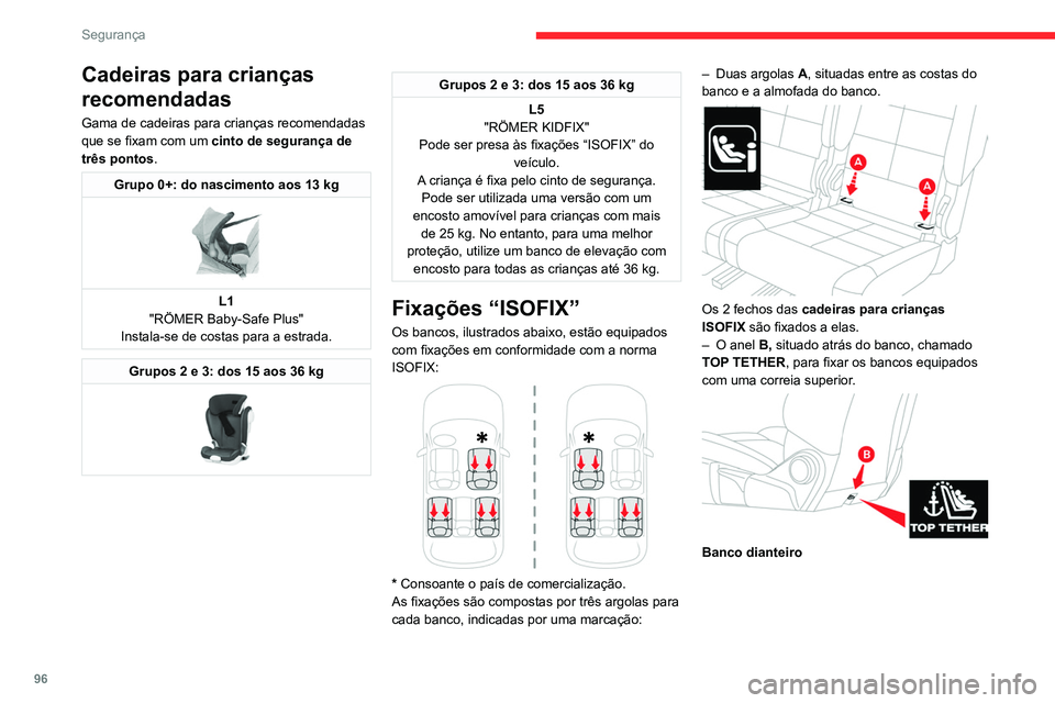 CITROEN C5 AIRCROSS 2022  Manual do condutor (in Portuguese) 96
Segurança
Cadeiras para crianças 
recomendadas
Gama de cadeiras para crianças recomendadas 
que se fixam com um cinto de segurança de 
três pontos.
Grupo 0+: do nascimento aos 13 kg 
 
L1
"