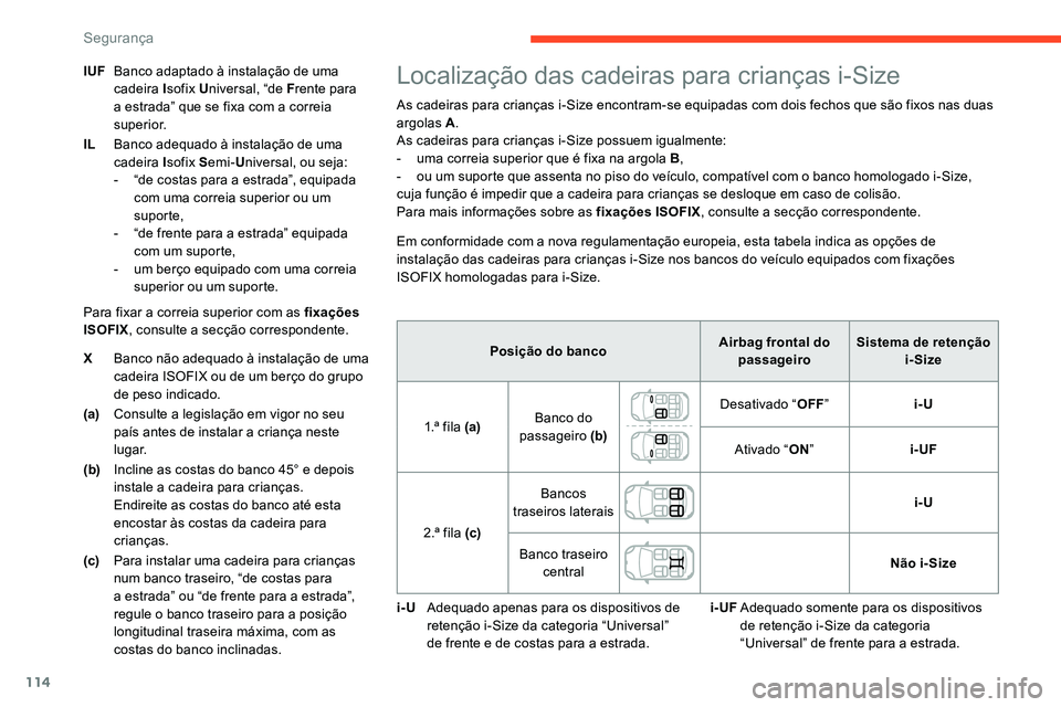 CITROEN C5 AIRCROSS 2020 Manual do condutor (in Portuguese) 114
XBanco não adequado à instalação de uma
cadeira ISOFIX ou de um berço do grupo
de peso indicado.
(a) Consulte a
legislação em vigor no seu
país antes de instalar a
criança neste
CITROEN C5 AIRCROSS 2020 Manual do condutor (in Portuguese) 114
XBanco não adequado à instalação de uma
cadeira ISOFIX ou de um berço do grupo
de peso indicado.
(a) Consulte a
legislação em vigor no seu
país antes de instalar a
criança neste