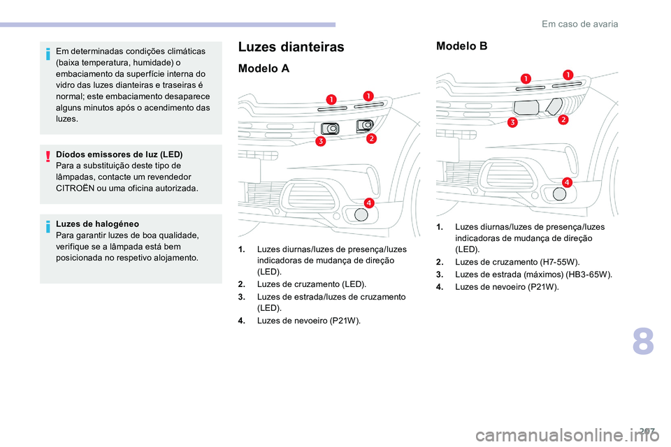 CITROEN C5 AIRCROSS 2020  Manual do condutor (in Portuguese) 207
Em determinadas condições climáticas 
(baixa temperatura, humidade) o 
embaciamento da super fície interna do 
vidro das luzes dianteiras e traseiras é 
normal; este embaciamento desaparece 
