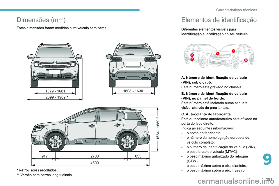 CITROEN C5 AIRCROSS 2020 Manual do condutor (in Portuguese) 221
Elementos de identificação
Diferentes elementos visíveis para
identificação e localização do seu veículo.
A. Número de identificação do veículo
(VIN), sob o capô.
Este número est CITROEN C5 AIRCROSS 2020 Manual do condutor (in Portuguese) 221
Elementos de identificação
Diferentes elementos visíveis para
identificação e localização do seu veículo.
A. Número de identificação do veículo
(VIN), sob o capô.
Este número est