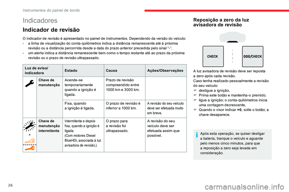CITROEN C5 AIRCROSS 2020  Manual do condutor (in Portuguese) 26
Indicadores
Indicador de revisão
O indicador de revisão é apresentado no painel de instrumentos. Dependendo da versão do veículo:
- a l inha de visualização do conta-quilómetros indica a   