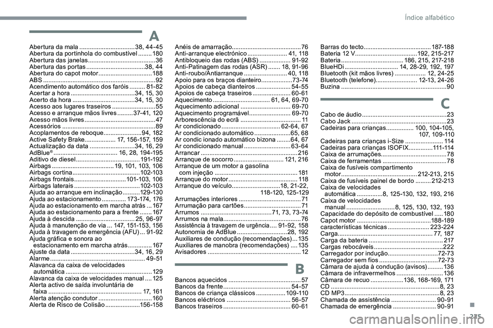 CITROEN C5 AIRCROSS 2020  Manual do condutor (in Portuguese) 225
Abertura da mala ................................3 8, 44- 45
Abertura da portinhola do combustível   ........18 0
Abertura das janelas
 

....................................... 36
Abertura das p