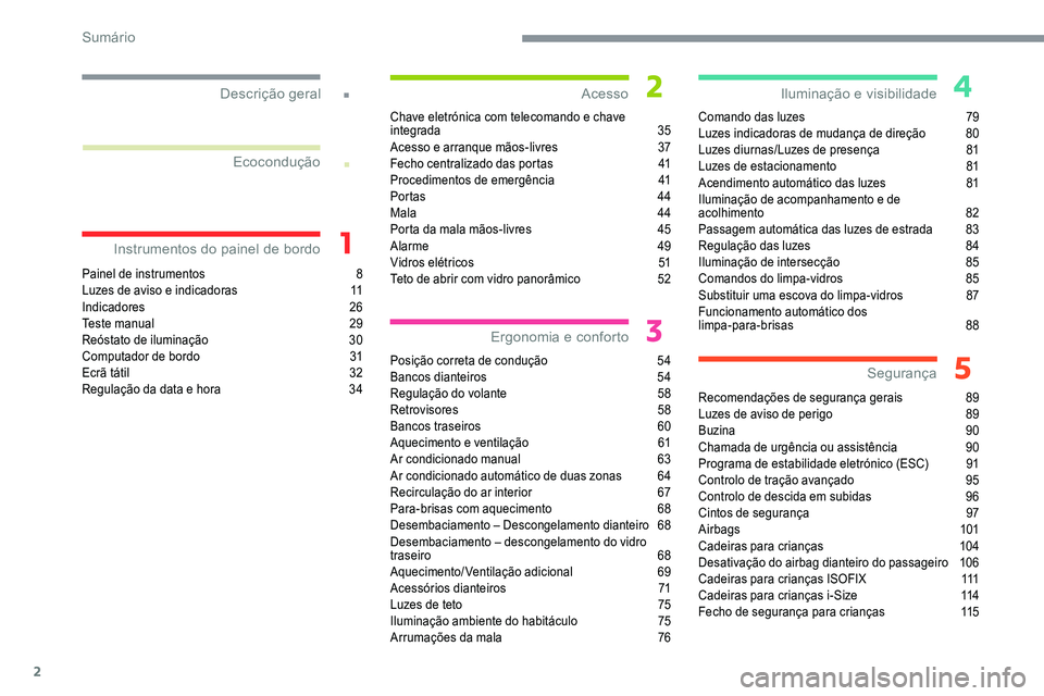 CITROEN C5 AIRCROSS 2020  Manual do condutor (in Portuguese) 2
.
.
Painel de instrumentos 8
L uzes de aviso e indicadoras  1 1
Indicadores
 

26
Teste manual
 2

9
Reóstato de iluminação
 
3
 0
Computador de bordo
 
3
 1
Ecrã tátil
 
3
 2
Regulação da da