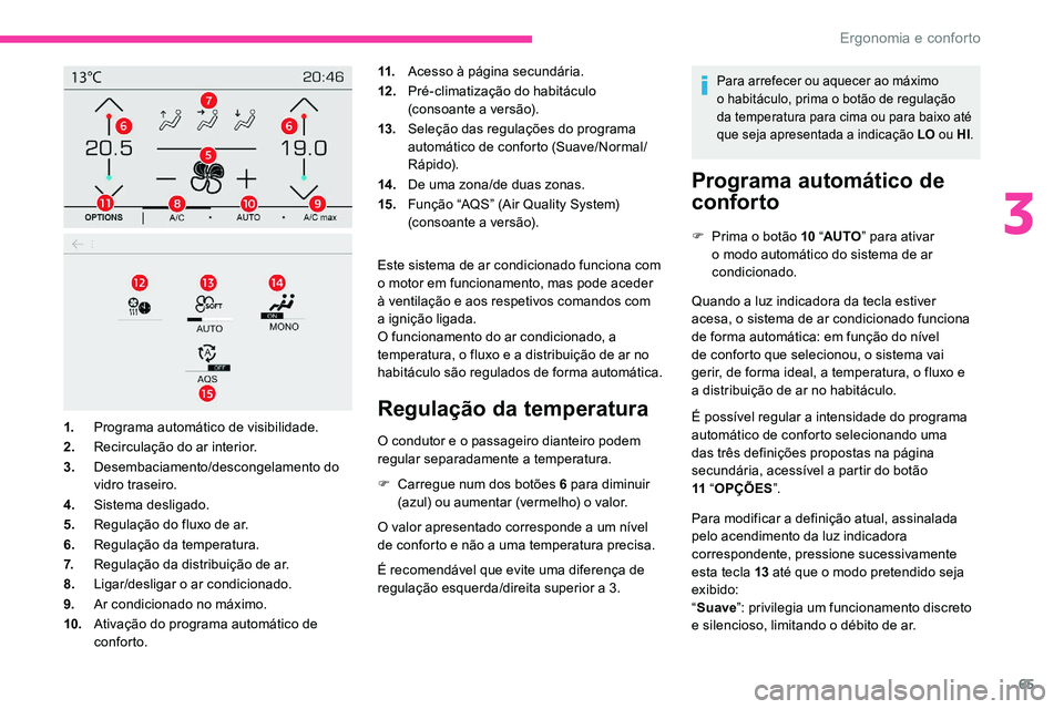 CITROEN C5 AIRCROSS 2020  Manual do condutor (in Portuguese) 65
11.Acesso à página secundária.
12 . Pré-climatização do habitáculo 
(consoante a
  versão).
13. Seleção das regulações do programa 
automático de conforto (Suave/Normal/
Rápido).
14 .
