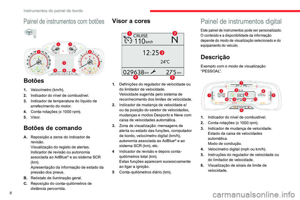CITROEN C5 AIRCROSS 2020 Manual do condutor (in Portuguese) 8
Painel de instrumentos com botões
Botões
1.Velocímetro (km/h).
2. Indicador do nível de combustível.
3. Indicador de temperatura do líquido de
arrefecimento do motor.
4. Conta-rotações (x 1 CITROEN C5 AIRCROSS 2020 Manual do condutor (in Portuguese) 8
Painel de instrumentos com botões
Botões
1.Velocímetro (km/h).
2. Indicador do nível de combustível.
3. Indicador de temperatura do líquido de
arrefecimento do motor.
4. Conta-rotações (x 1