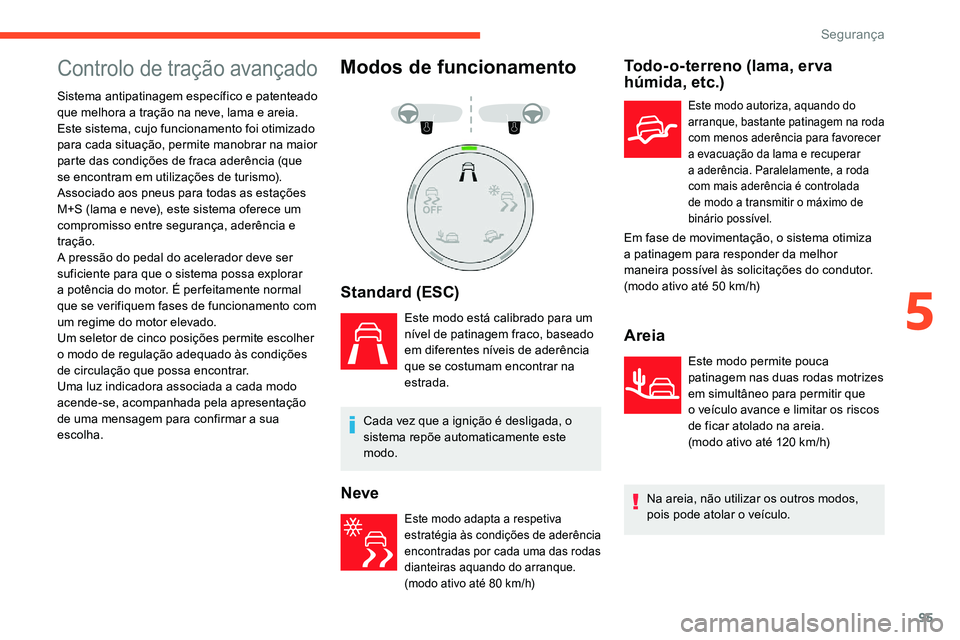 CITROEN C5 AIRCROSS 2020  Manual do condutor (in Portuguese) 95
Controlo de tração avançado
Sistema antipatinagem específico e patenteado 
que melhora a  tração na neve, lama e areia.
Este sistema, cujo funcionamento foi otimizado 
para cada situação, p