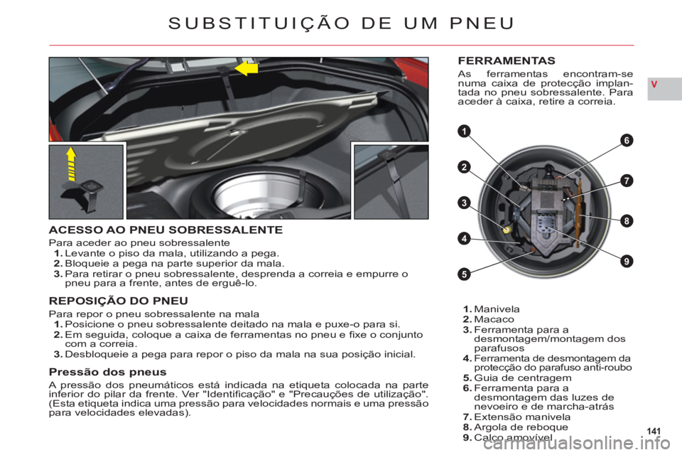 CITROEN C6 2012  Manual do condutor (in Portuguese) 141
V
4
3
8
9
61
2
5
7
SUBSTITUIÇÃO DE UM PNEU
ACESSO AO PNEU SOBRESSALENTE
Para aceder ao pneu sobressalente1.Levante o piso da mala, utilizando a pega.2.Bloqueie a pega na parte superior da mala.3