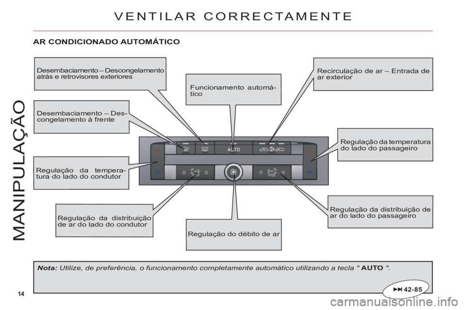 CITROEN C6 2012  Manual do condutor (in Portuguese) 14
M
ANIPULAÇ
Ã
O
AR CONDICIONADO AUTOMÁTICO
Regulação da distribuição de ar do lado do condutor
Regulação da distribuição de ar do lado do passageiro
Regulação da tempera-tura do lado do